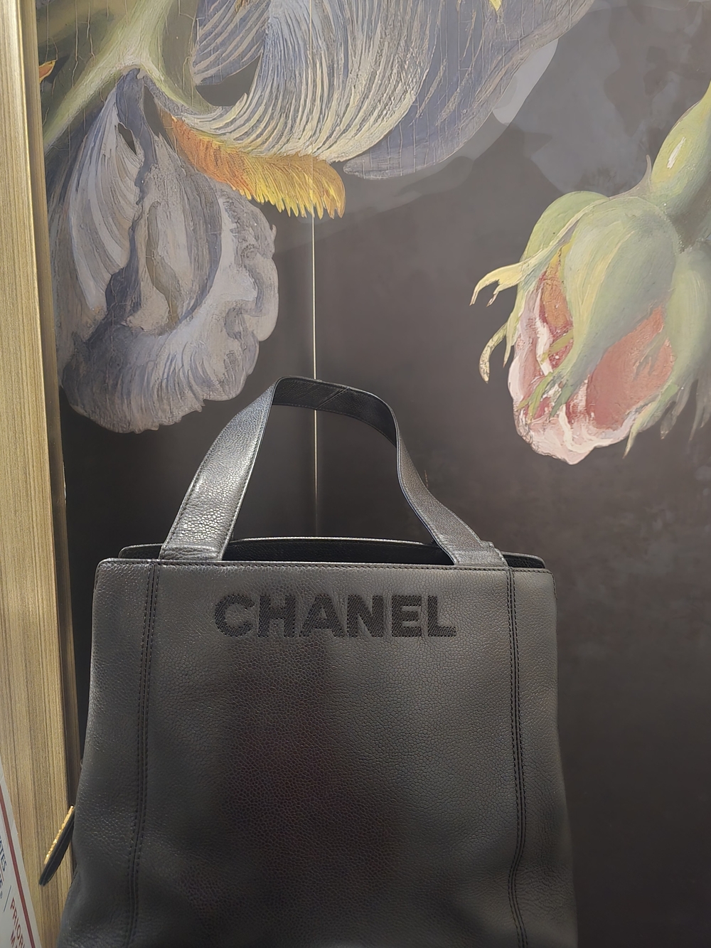 CHANEL Vintage Black Leather Logo Tote